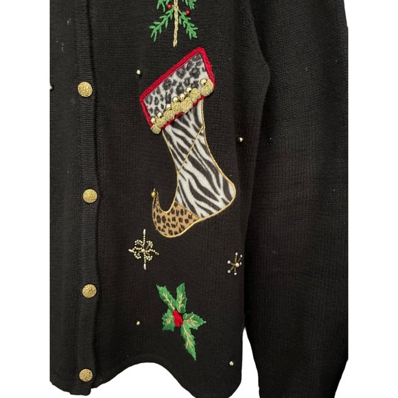 K.I.K.I.T Maurice Sasson Holiday Christmas Cardigan Sweater Vintage Stocking, Or - Picture 2 of 6